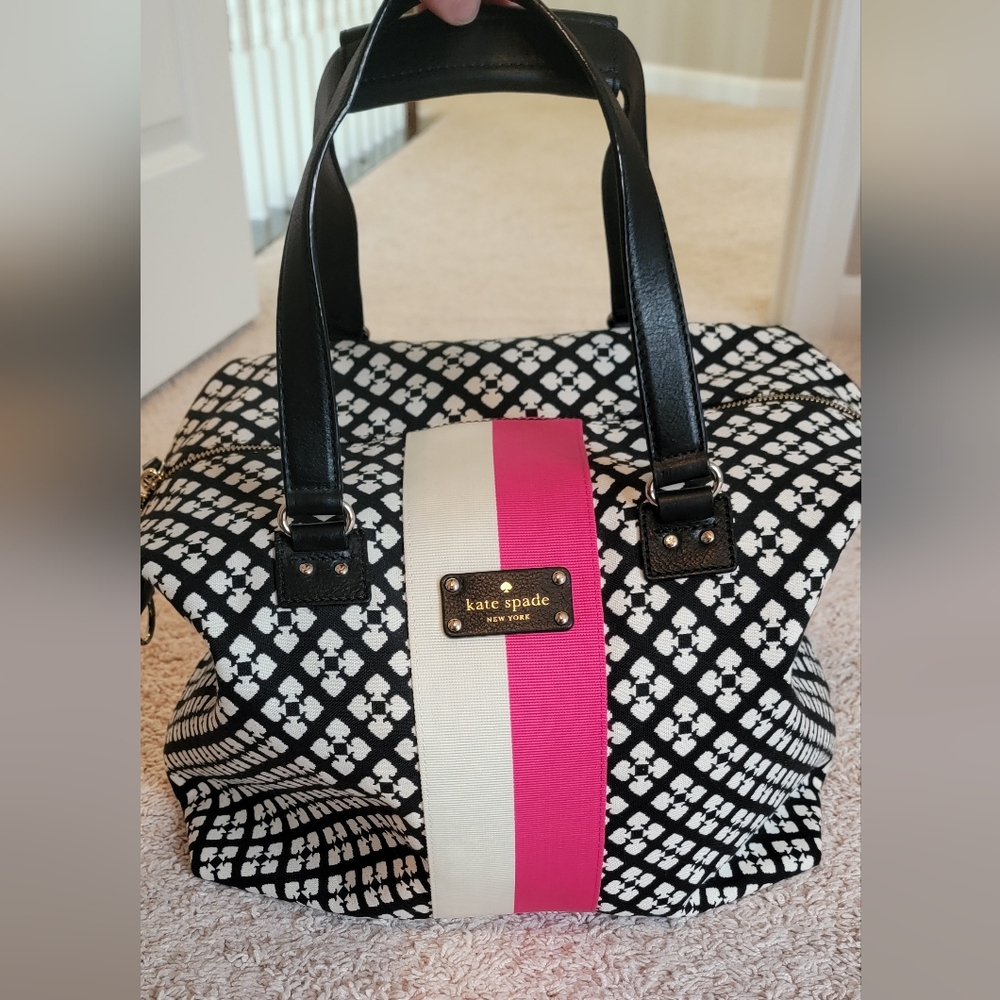 Kate Spade Black and White Tote with Pink Stripe Classic Spade